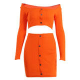 2019 Sexy Off Shoulder Two Piece Set Solid Button Bodycon 2 Piece Set Women Long Sleeve Top And Skirt Summer Autumn Sets