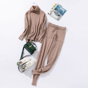 Autumn and Winter Explosions Sportswear High Collar Sweater Knit Pants Suit Casual Women's Two-piece Suit