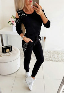 Women Casual 2 Piece Outfits Patchwork Hollow Out Design Beading Decor O-Neck Long Sleeve Solid Top+Drawstring Slim Pencil Pants