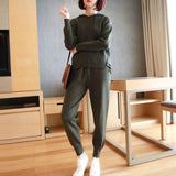 M-XXL Plus Size Solid High Quality Knitted Sport 2 Piece Set for Ladies Knitting Hoodies and Sweater Pants Black Autumn Suit Set